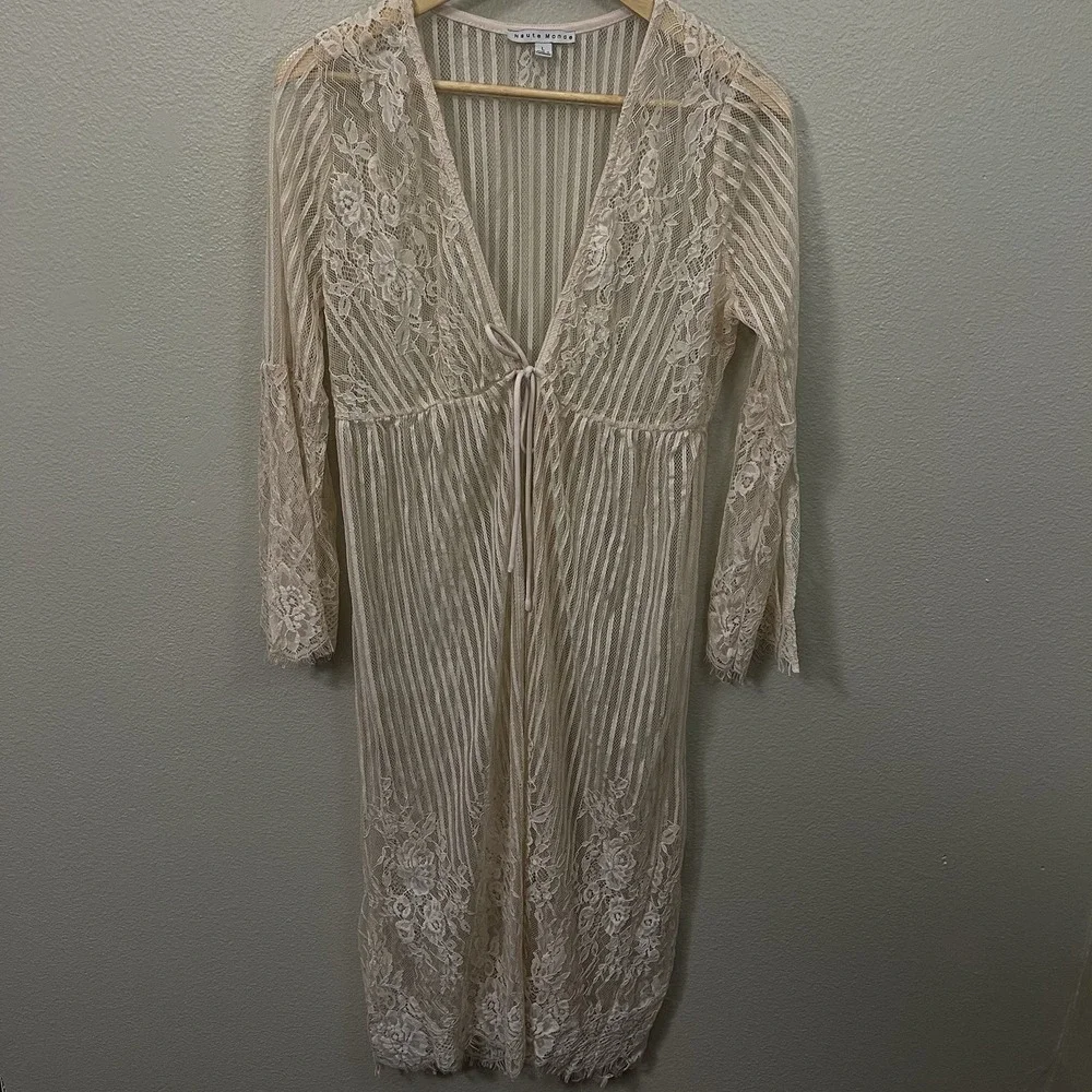 Haute Monde Lace Robe Cover Split Bell Sleeves Tie Beige Blush Coquette Up Sz L‎